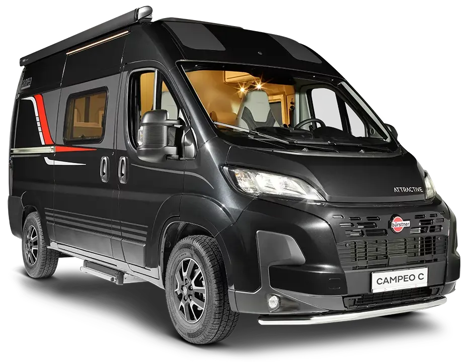 Ein schwarzer Bürstner Campeo C Wohnmobil mit rot-weißen Akzenten.