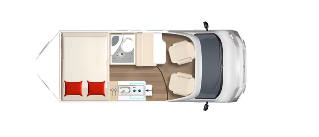 Grundriss eines Campeo 540 Wohnmobils mit Bett, Bad, Küche und Sitzen.