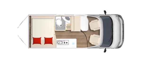 Grundriss eines Campeo 600 Wohnmobils mit Bett, Küche, Bad und Fahrerkabine.