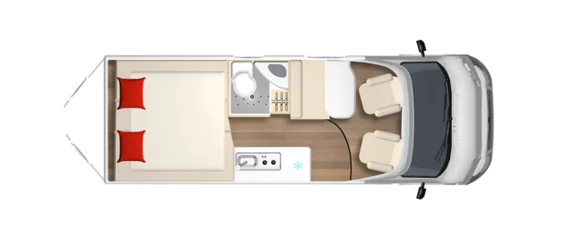 Grundriss eines Campeo 640 Wohnmobils mit Bett, Küche, Bad und Fahrerkabine.