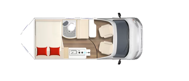 Grundriss eines Wohnmobils, Modell Eliseo 540, mit Sitzbereich, Küche, Bad und Schlafbereich.