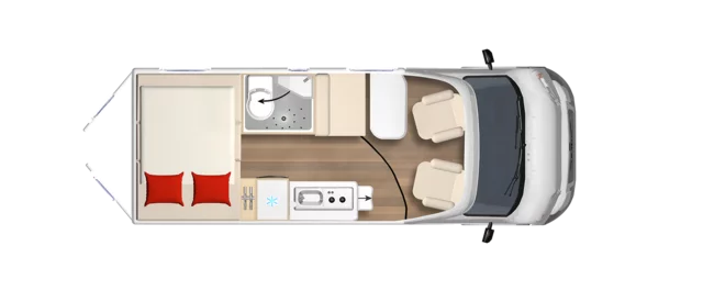 Grundriss eines Wohnmobils, Modell Eliseo 602, mit Bett, Küche, Bad und Sitzbereich.