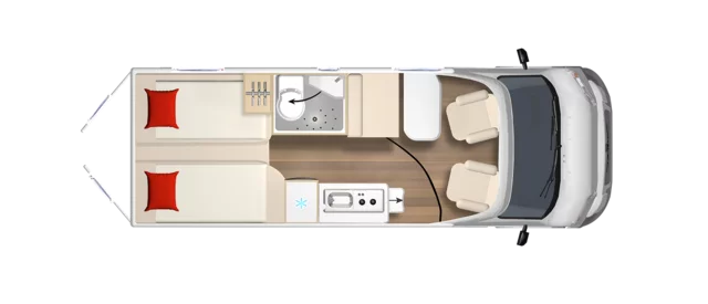 Grundriss eines Campervans mit zwei Betten, Küche, Bad und Fahrerkabine.