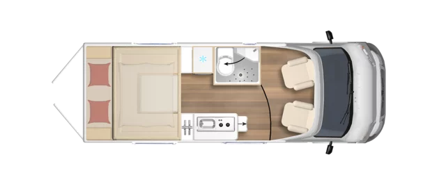 Grundriss eines Wohnmobils mit Bett, Küche und Sitzbereich.