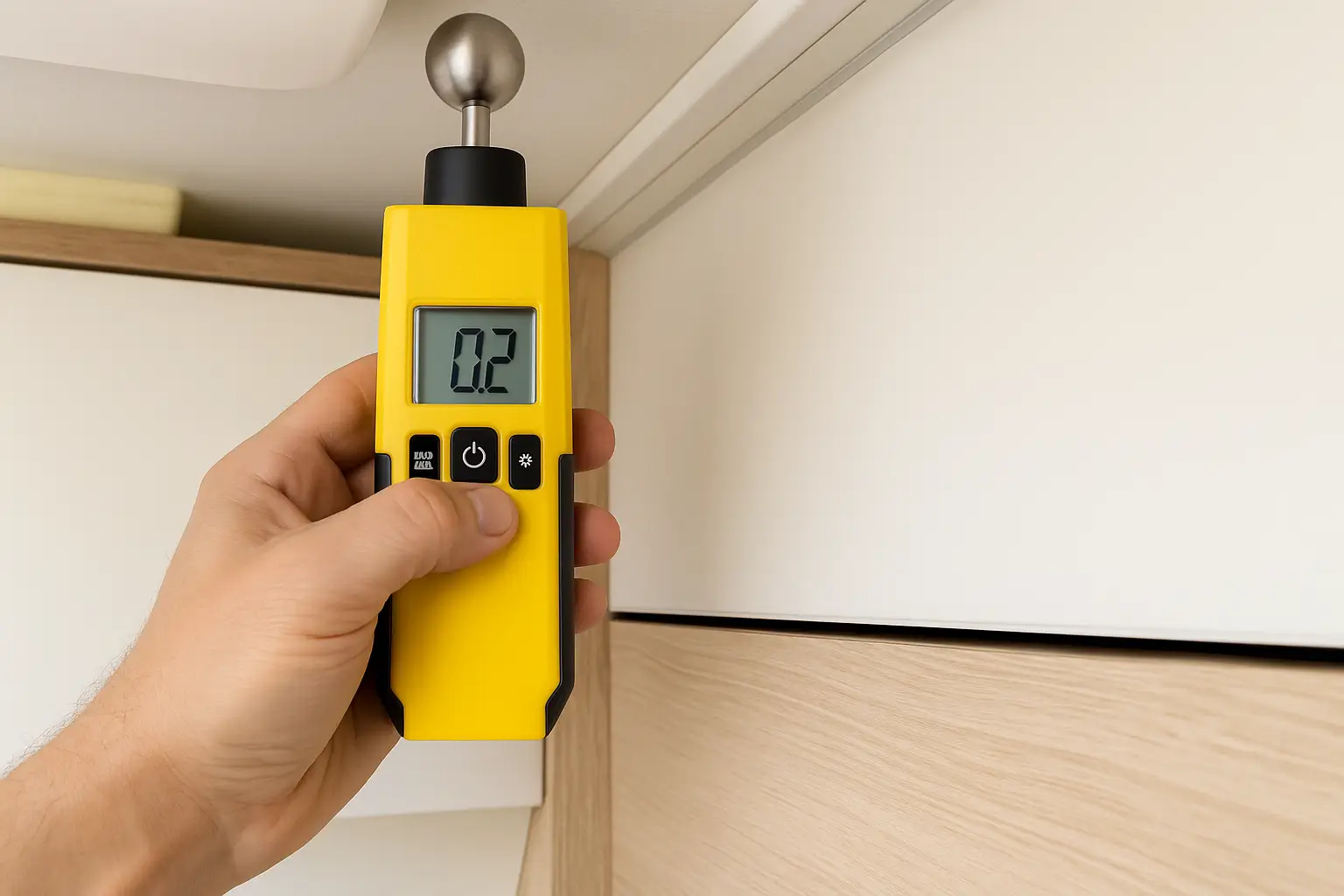 Hand hält ein gelbes Feuchtigkeitsmessgerät mit Anzeige von 0,2.