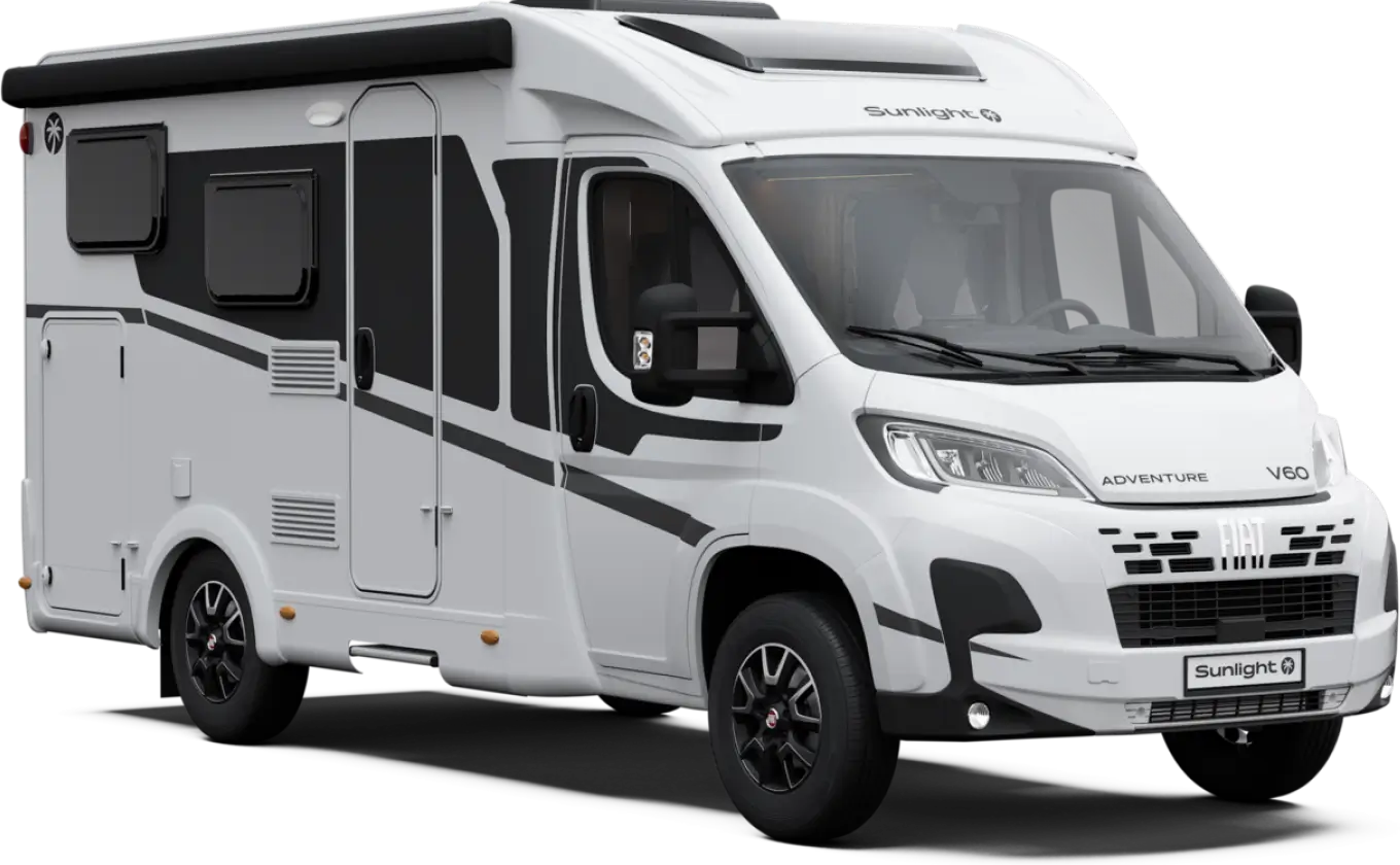 Wohnmobil Sunlight Adventure V60 mit weißem und schwarzem Design.